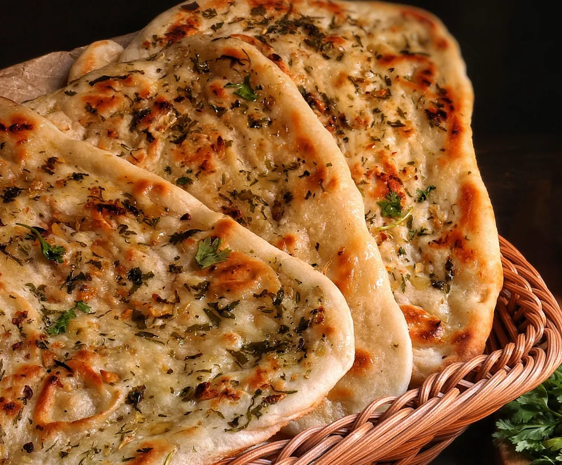 Freshly baked garlic naan in a wicker basket