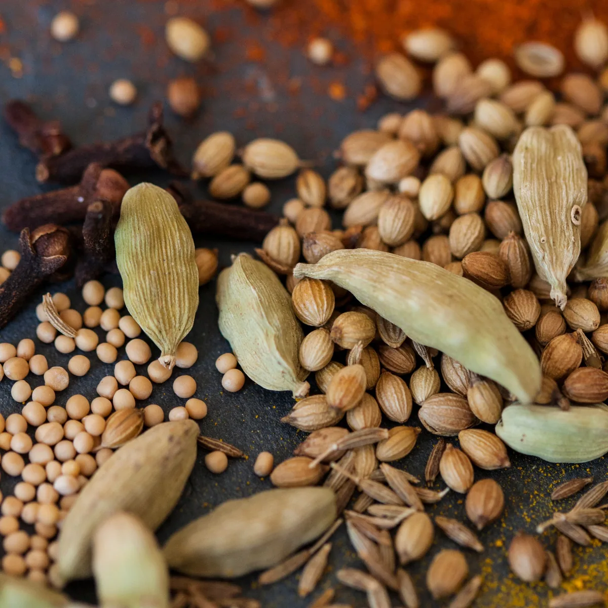 Close-up of cardamom pods, coriander seeds and cloves