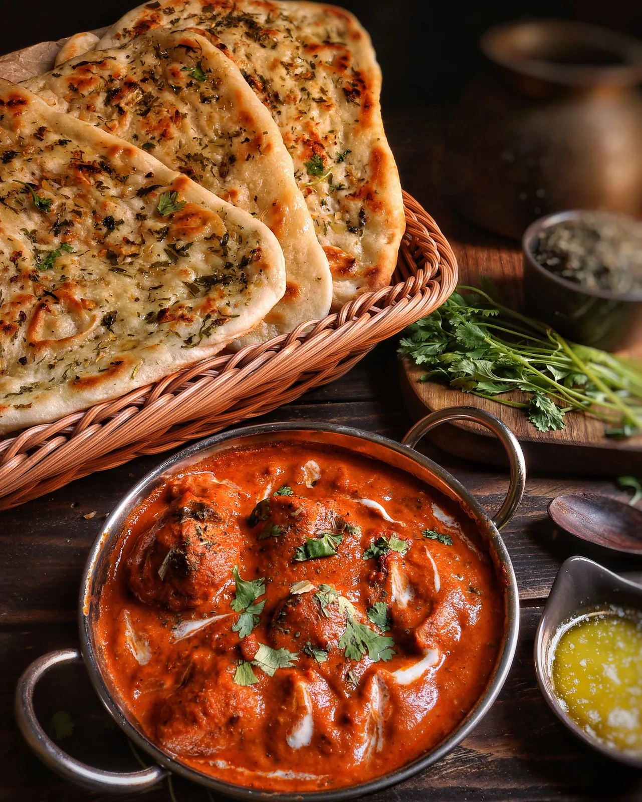 Curry in a karahi beside a basket of garlic naan